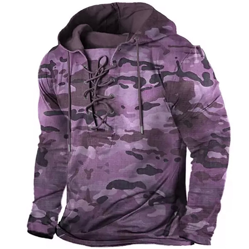 Camouflage Graphic Hoodie with Lace-up Design for Outdoor and Casual Sportswear